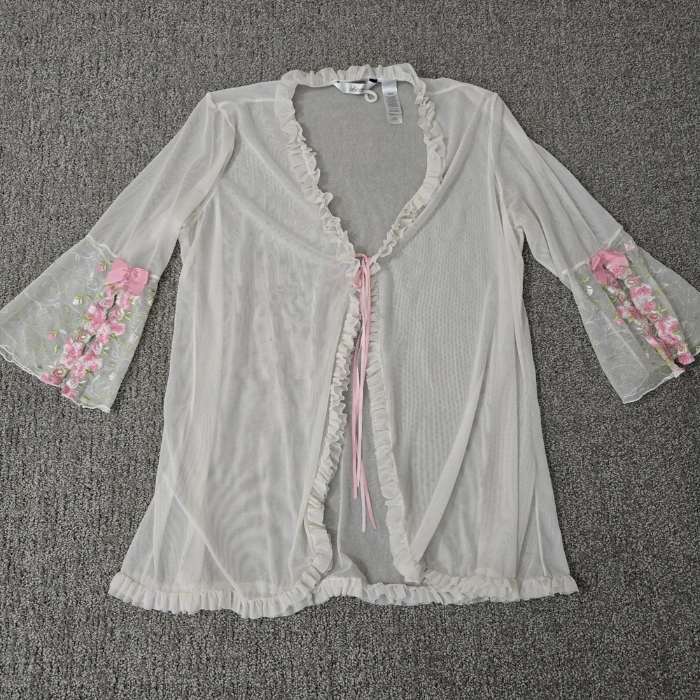 Delicates White Sheer Mesh Robe Floral Embroidered Coquette Fairycore M/M‎